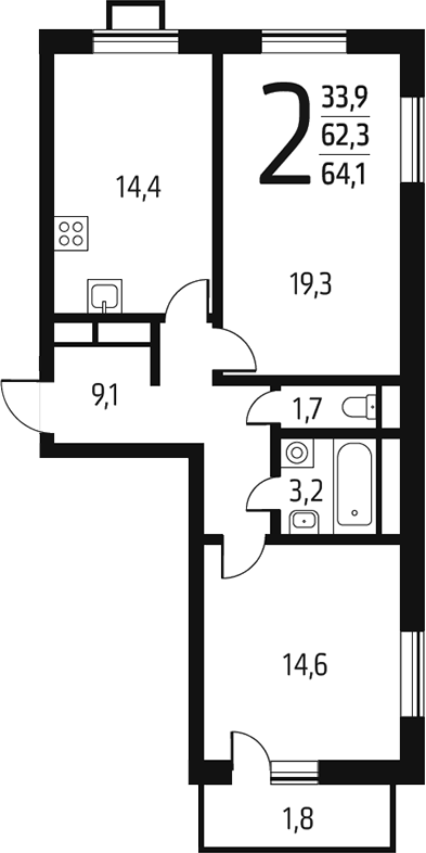 Планировка — Новые Ватутинки Заречный, 2-комн., 62 м²
