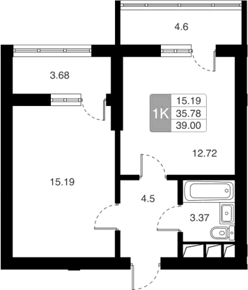 Планировка — Химки Тайм, 1-комн., 36 м²