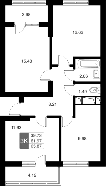 Планировка — Химки Тайм, 3-комн., 62 м²