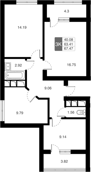 Планировка — Химки Тайм, 3-комн., 63 м²