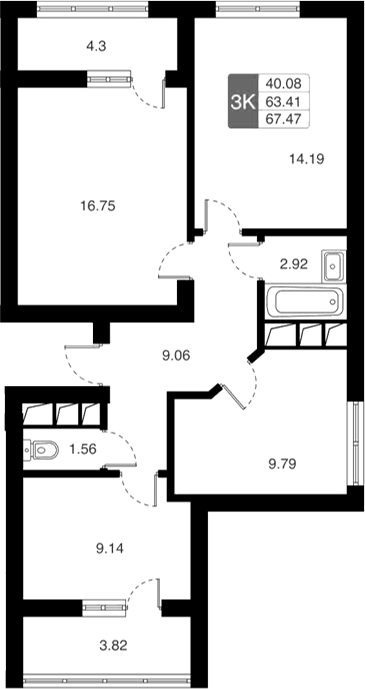 Планировка — Химки Тайм, 3-комн., 63 м²