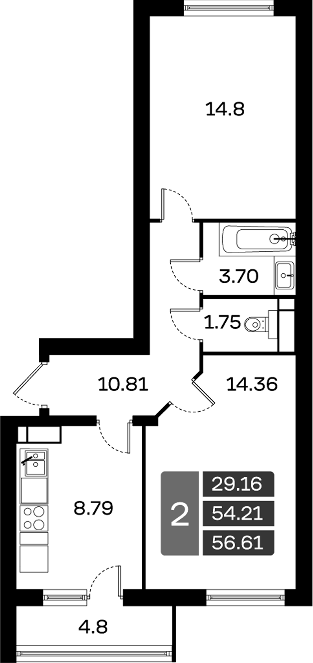 Планировка — Домодедово Парк, 2-комн., 54 м²