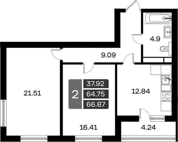 Планировка — Домодедово Парк, 2-комн., 65 м²