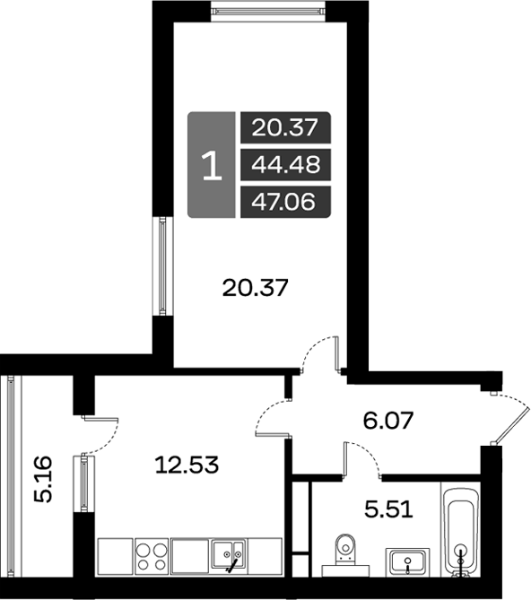 Планировка — Домодедово Парк, 1-комн., 44 м²