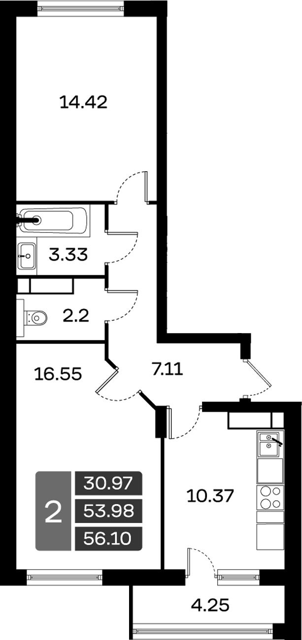 Планировка — Домодедово Парк, 2-комн., 54 м²