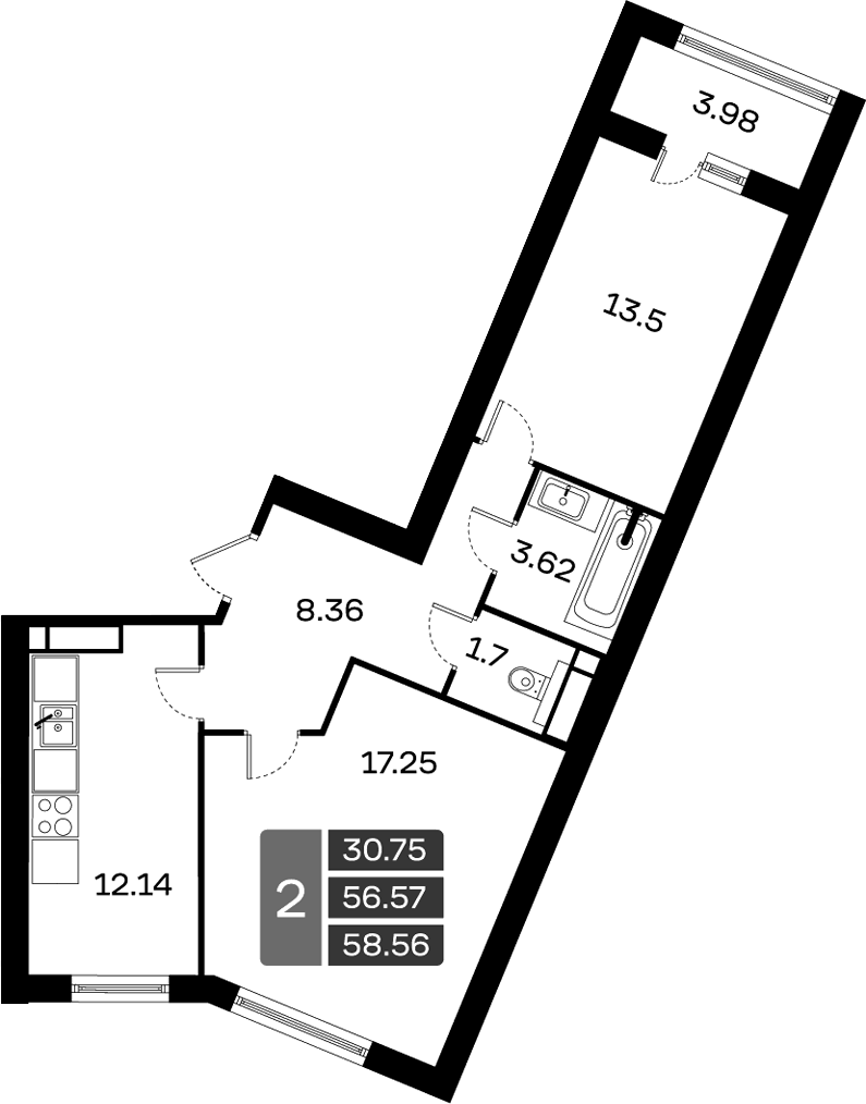 Планировка — Домодедово Парк, 2-комн., 57 м²