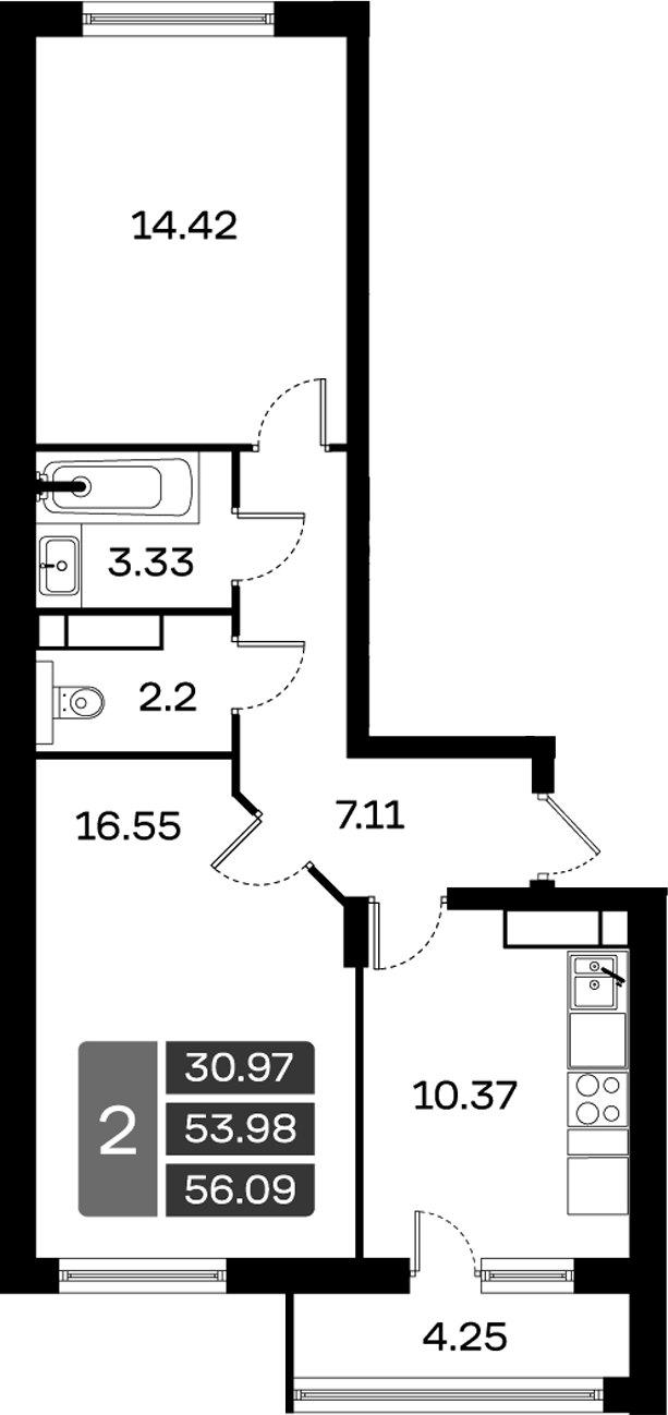Планировка — Домодедово Парк, 2-комн., 54 м²