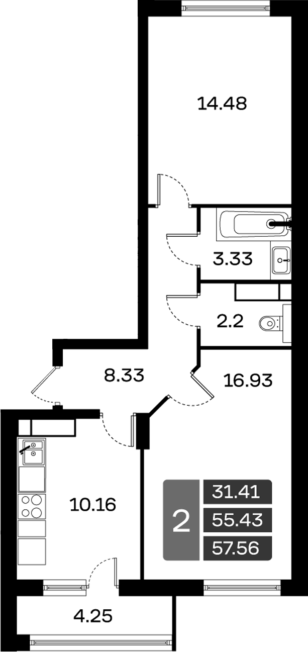Планировка — Домодедово Парк, 2-комн., 55 м²