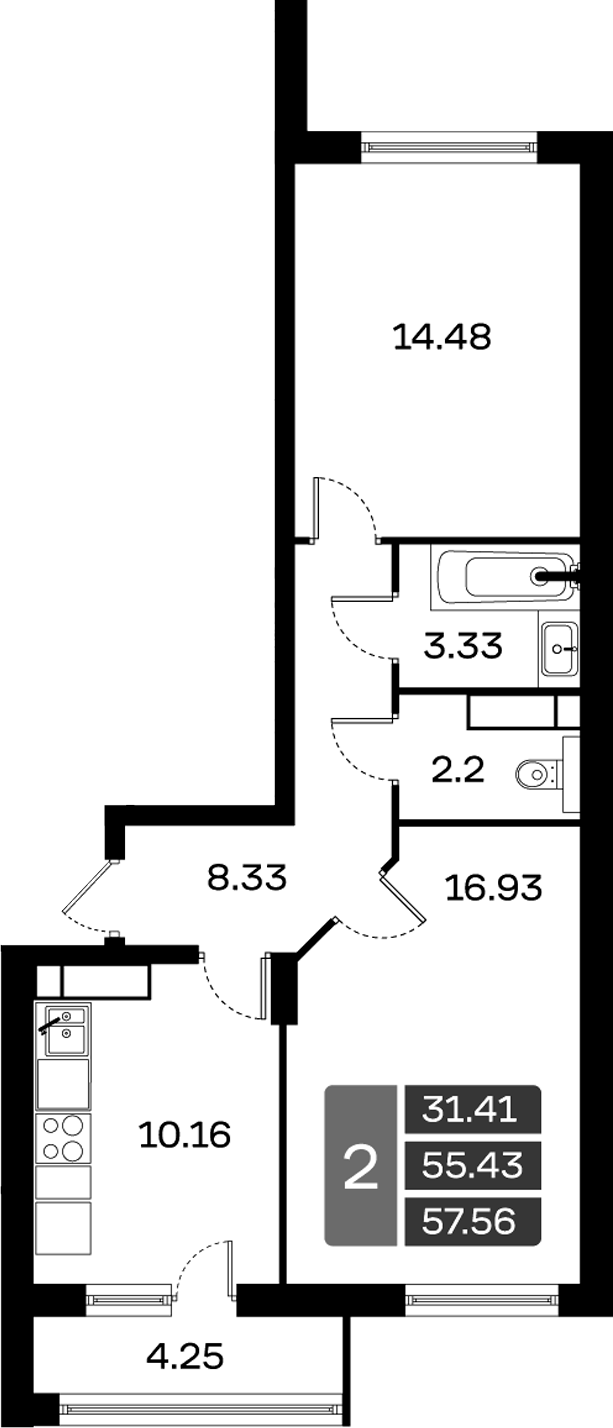 Планировка — Домодедово Парк, 2-комн., 55 м²