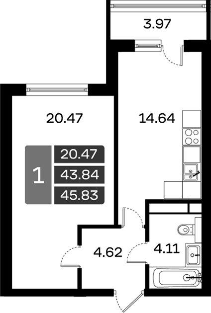 Планировка — Домодедово Парк, 1-комн., 44 м²