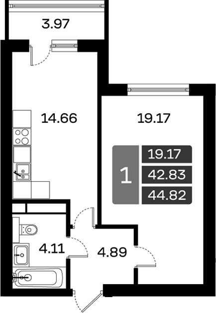 Планировка — Домодедово Парк, 1-комн., 43 м²