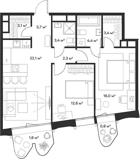 Планировка — Союз, 3-комн., 71 м²