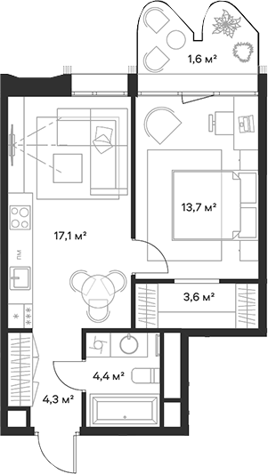 Планировка — Союз, 2-комн., 43 м²