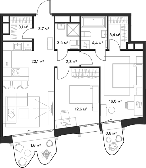 Планировка — Союз, 3-комн., 71 м²