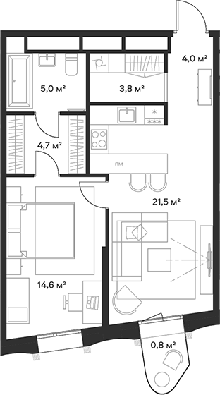 Планировка — Союз, 2-комн., 54 м²