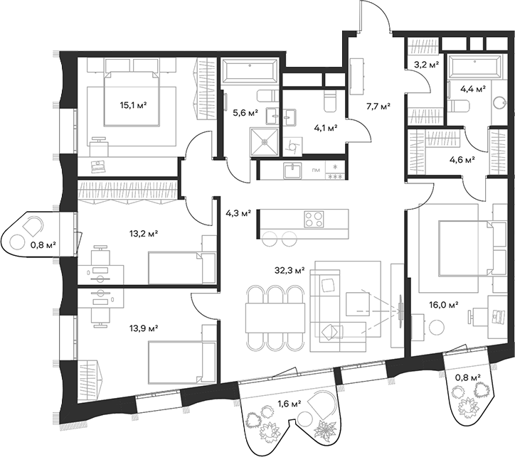 Планировка — Союз, 5-комн., 124 м²