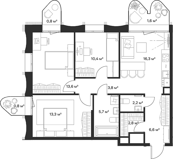 Планировка — Союз, 4-комн., 75 м²