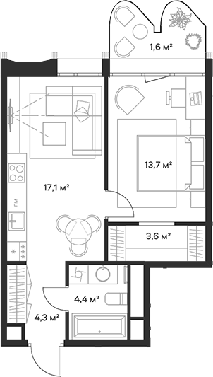Планировка — Союз, 2-комн., 43 м²