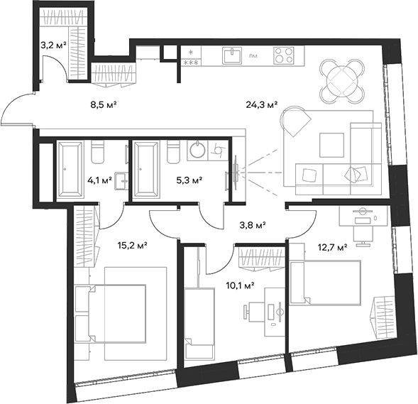 Планировка — Союз, 4-комн., 87 м²