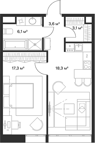 Планировка — Союз, 2-комн., 48 м²