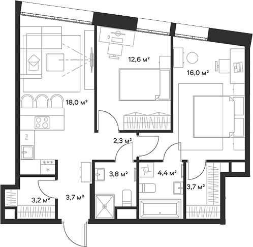 Планировка — Союз, 3-комн., 68 м²