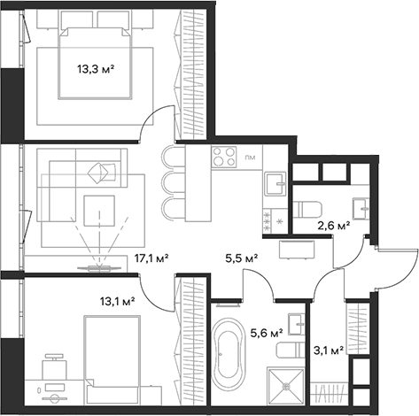 Планировка — Союз, 3-комн., 60 м²