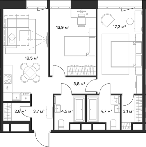 Планировка — Союз, 3-комн., 72 м²