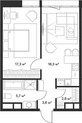 Планировка — Союз, 2-комн., 48 м²