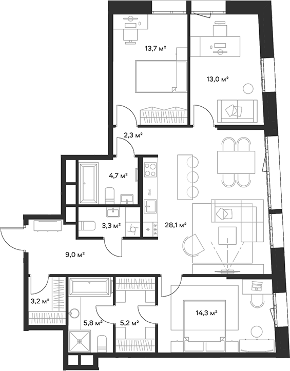 Планировка — Союз, 4-комн., 103 м²