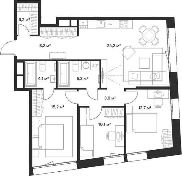 Планировка — Союз, 4-комн., 87 м²