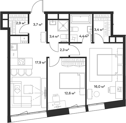 Планировка — Союз, 3-комн., 67 м²
