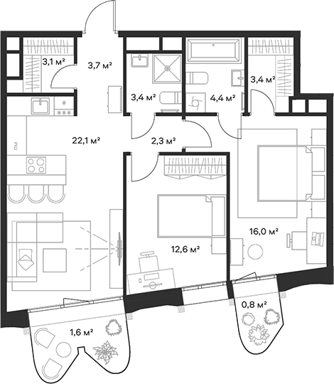 Планировка — Союз, 3-комн., 71 м²