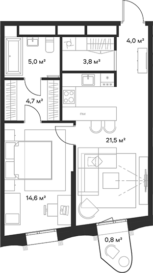 Планировка — Союз, 2-комн., 54 м²