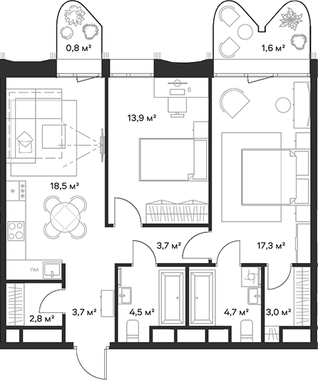 Планировка — Союз, 3-комн., 72 м²