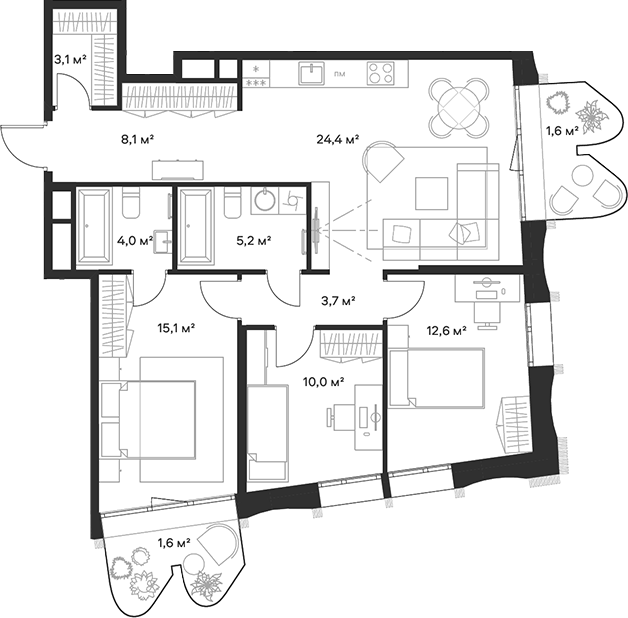 Планировка — Союз, 4-комн., 86 м²