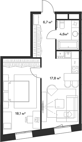 Планировка — Союз, 2-комн., 47 м²