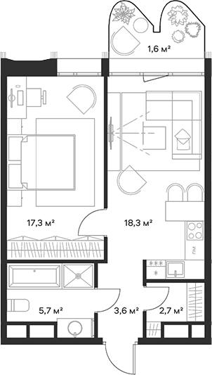 Планировка — Союз, 2-комн., 48 м²