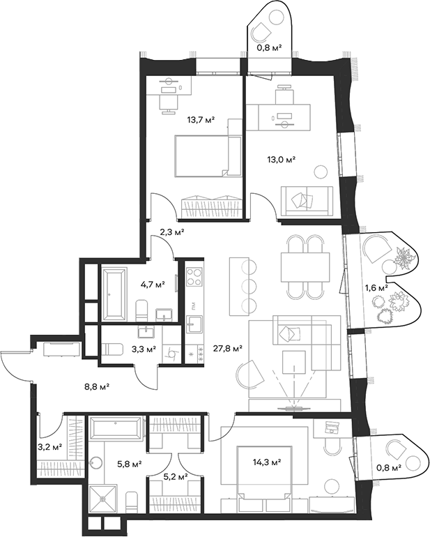 Планировка — Союз, 4-комн., 102 м²