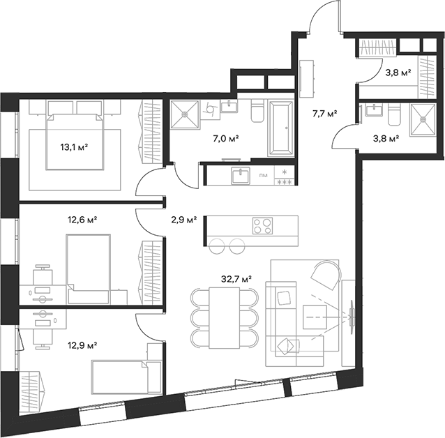 Планировка — Союз, 4-комн., 97 м²
