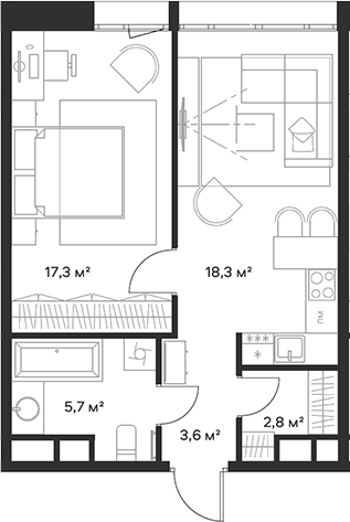 Планировка — Союз, 2-комн., 48 м²