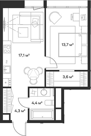 Планировка — Союз, 2-комн., 43 м²