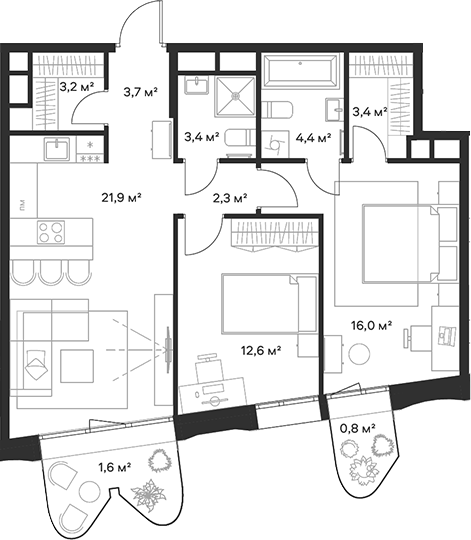 Планировка — Союз, 3-комн., 71 м²