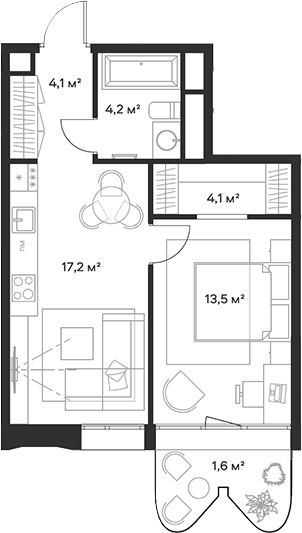 Планировка — Союз, 2-комн., 43 м²