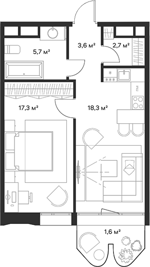 Планировка — Союз, 2-комн., 48 м²