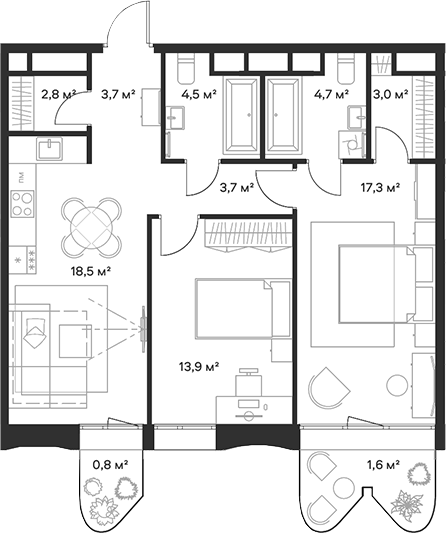 Планировка — Союз, 3-комн., 72 м²