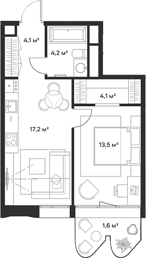 Планировка — Союз, 2-комн., 43 м²