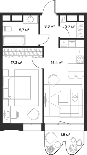 Планировка — Союз, 2-комн., 48 м²