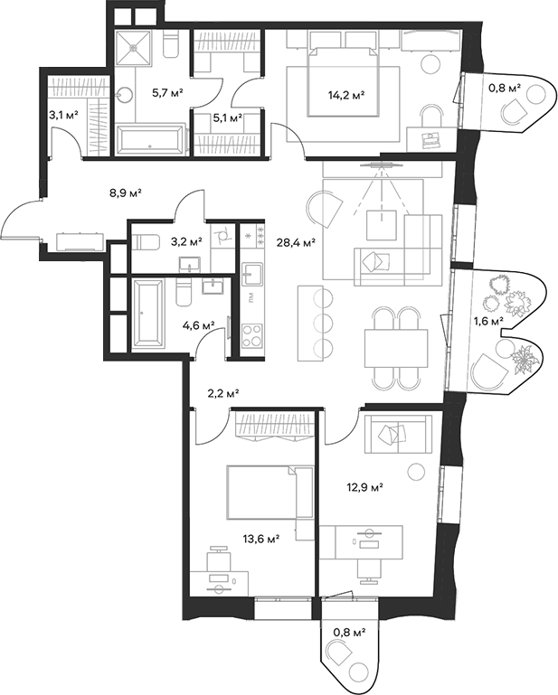 Планировка — Союз, 4-комн., 102 м²