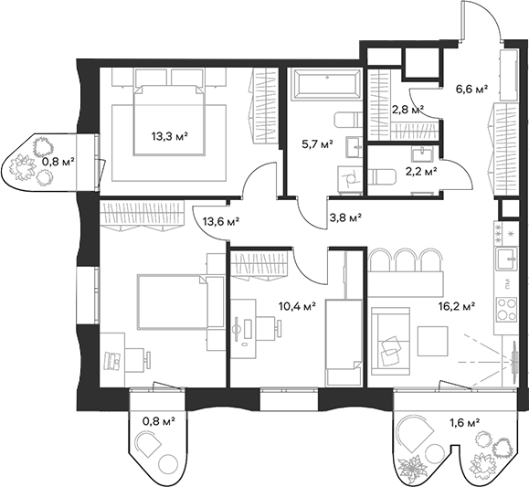 Планировка — Союз, 4-комн., 75 м²