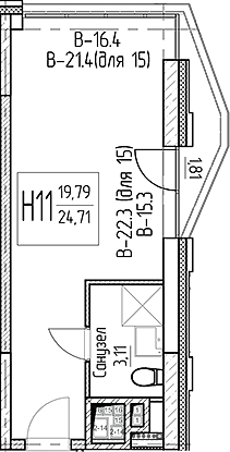 Планировка — Аметист, Студия, 23 м²